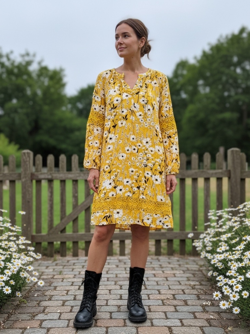 crown & ivy Yellow Floral Crochet-Trim Mini Dress